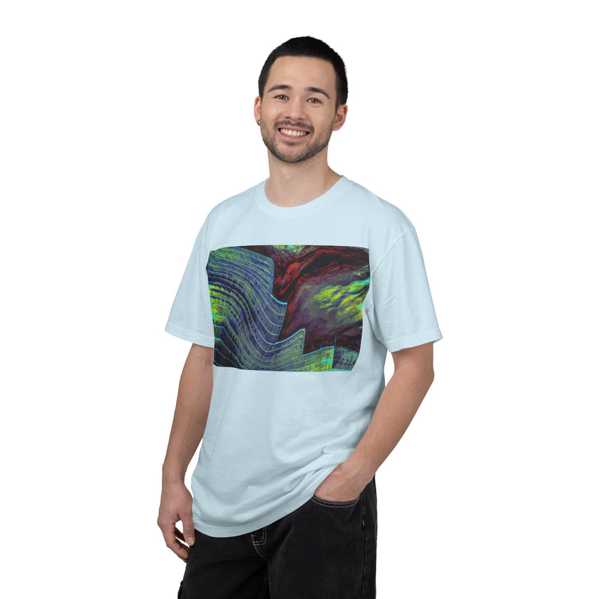 Leaving On A Thursday By Kevin Quinn -Urban Abstract Architecture Wave Art T-Shirt — Neon Ocean Landscape Graphic Tee