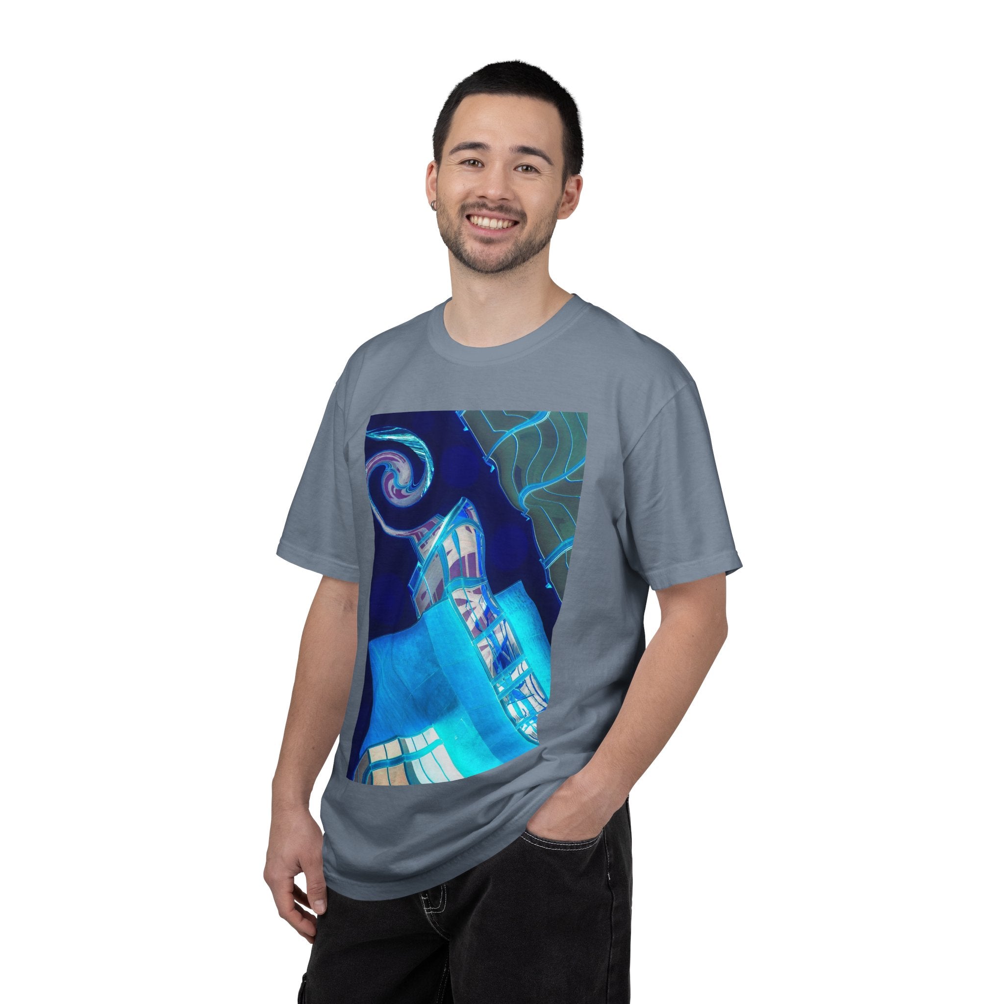 Tiny Dancer By Kevin Quinn   -Urban Modern Abstract Architecture Graphic Tee— Blue Surreal Building Art