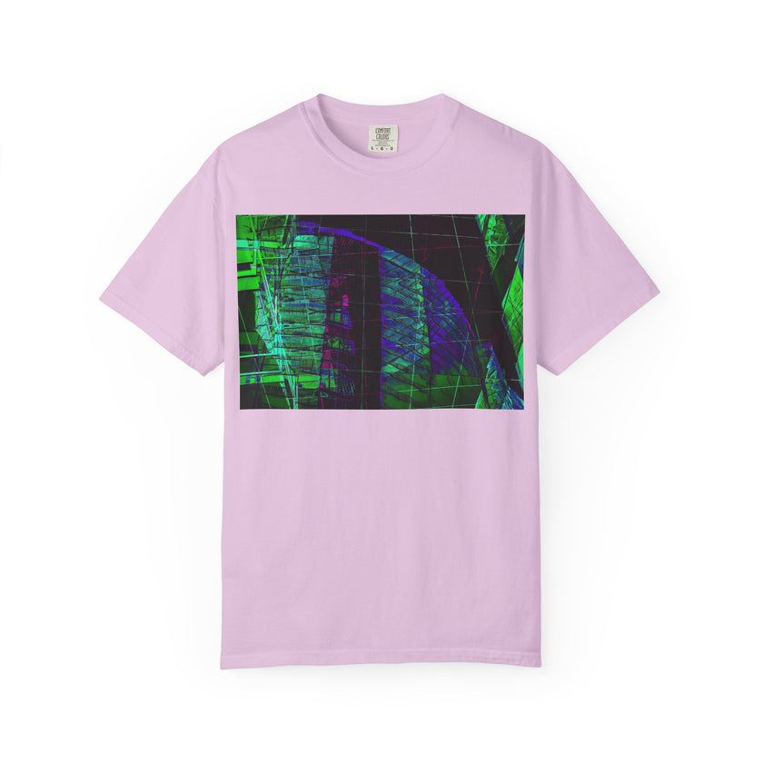 Love Talk By Kevin Quinn -Urban Abstract Architecture Neon Cityscape T-Shirt - Green & Purple Glitch Graphic