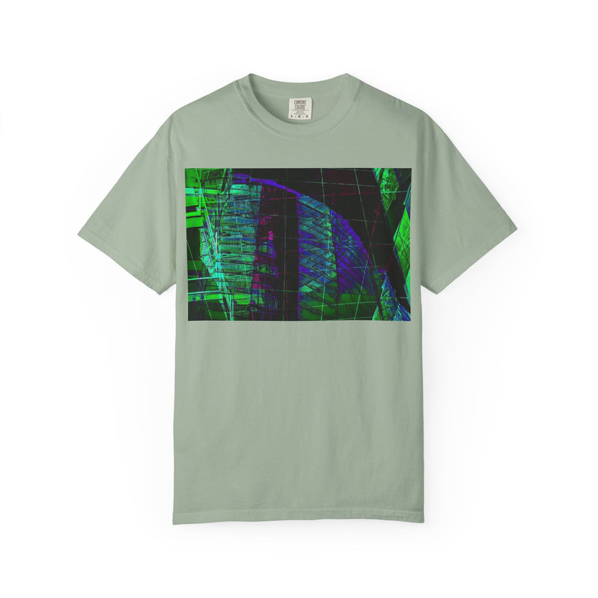 Love Talk By Kevin Quinn -Urban Abstract Architecture Neon Cityscape T-Shirt - Green & Purple Glitch Graphic