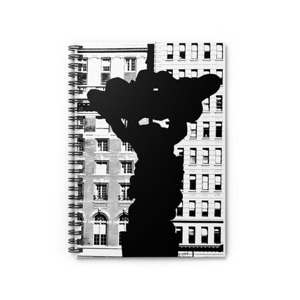 Superman By Kevin Quinn - City Statue Silhouette Spiral Notebook — Black & White Urban Fountain Ruled Journal