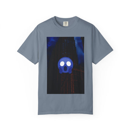 Mr. O  By Kevin Quinn   -Skull Ghost Graphic T-Shirt — Neon Blue Haunted Vibe- Modern Urban Pop Architecture