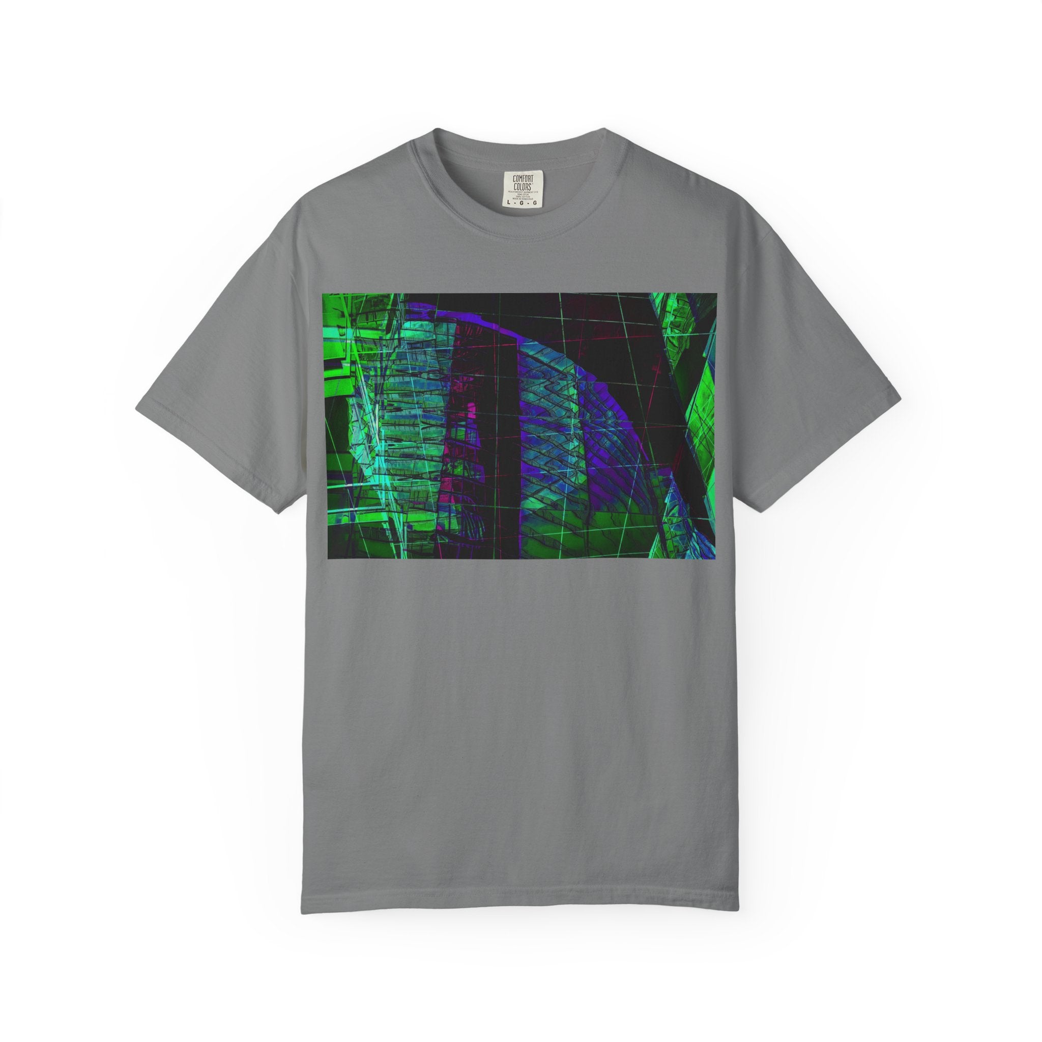 Love Talk By Kevin Quinn -Urban Abstract Architecture Neon Cityscape T-Shirt - Green & Purple Glitch Graphic