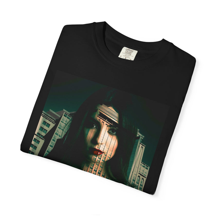 Vampire Game By Kevin Quinn — Moody Double Exposure City Woman Graphic Tee