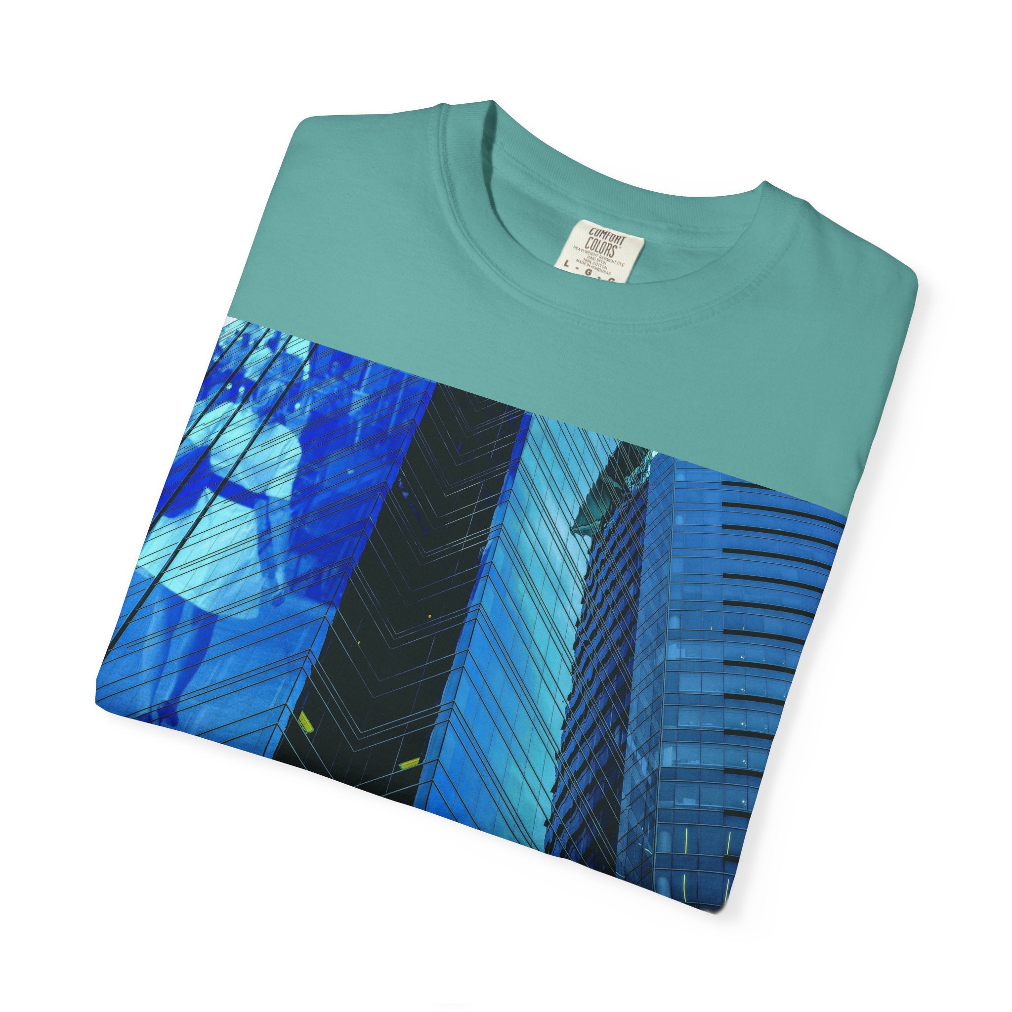 I Think of Her Often By Kevin Quinn -Abstract Urban Architecture Blue Skyscraper with Girl T-Shirt