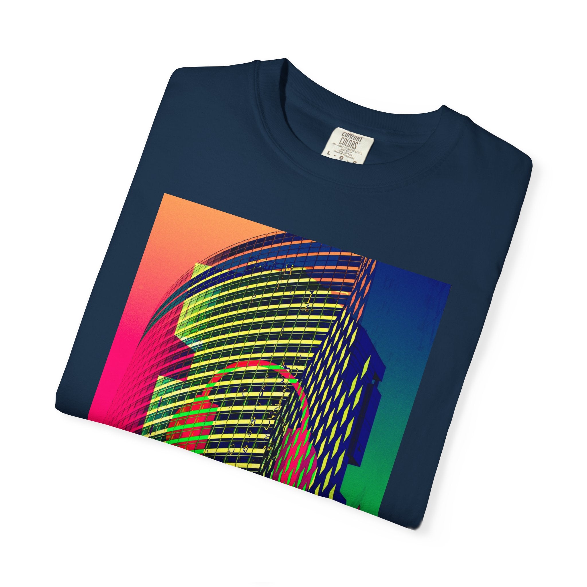 New York Beats By Kevin Quinn -Modern Abstract Architecture Neon Cityscape T-Shirt — Retro Vaporwave Building Print