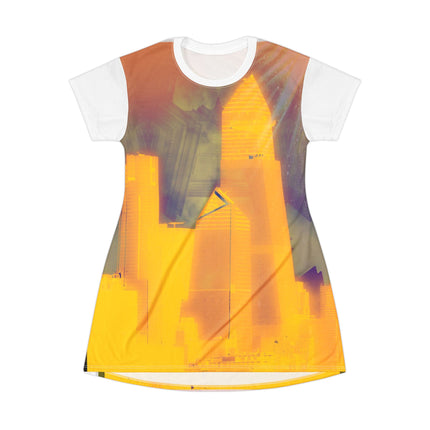 New Day New York By Kevin Quinn -Abstract NYC Sunrise Cityscape T-Shirt Dress — Yellow Urban Skyline All-Over Print