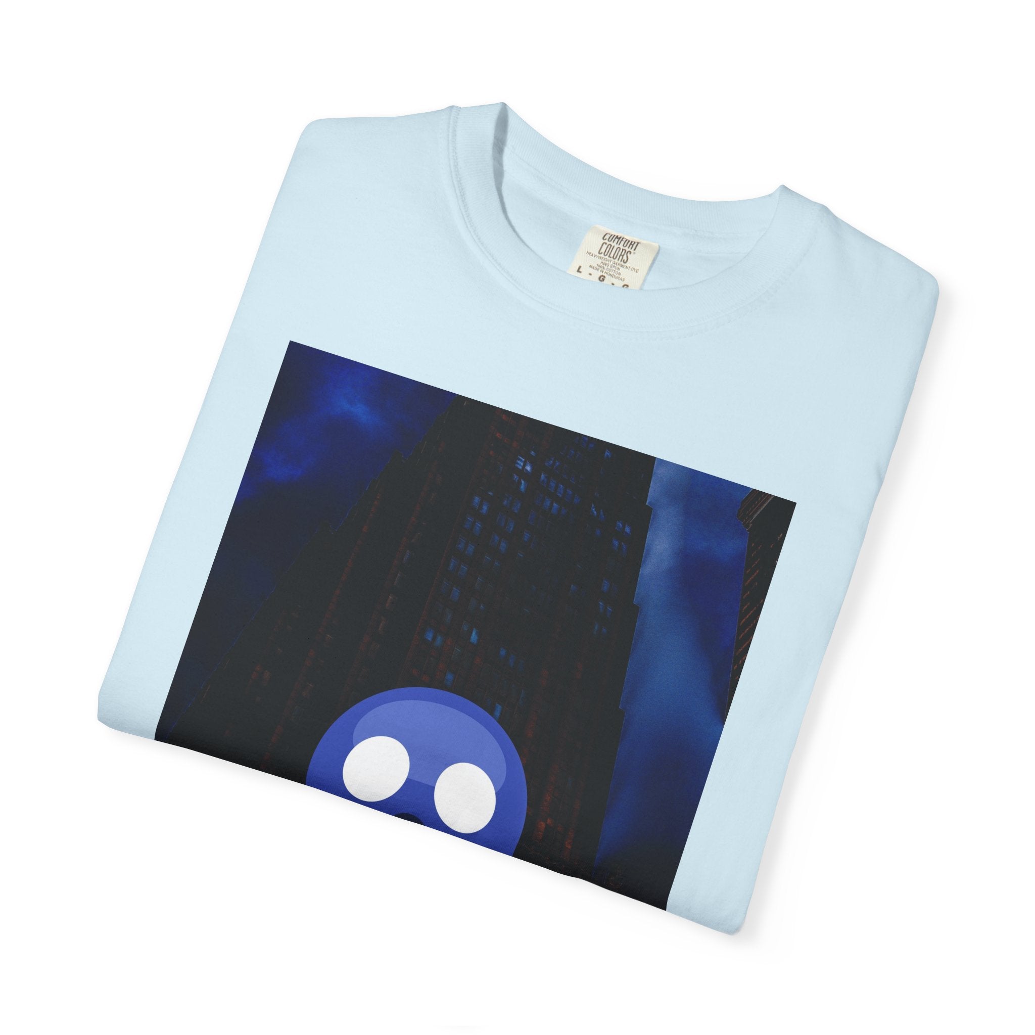 Mr. O  By Kevin Quinn   -Skull Ghost Graphic T-Shirt — Neon Blue Haunted Vibe- Modern Urban Pop Architecture