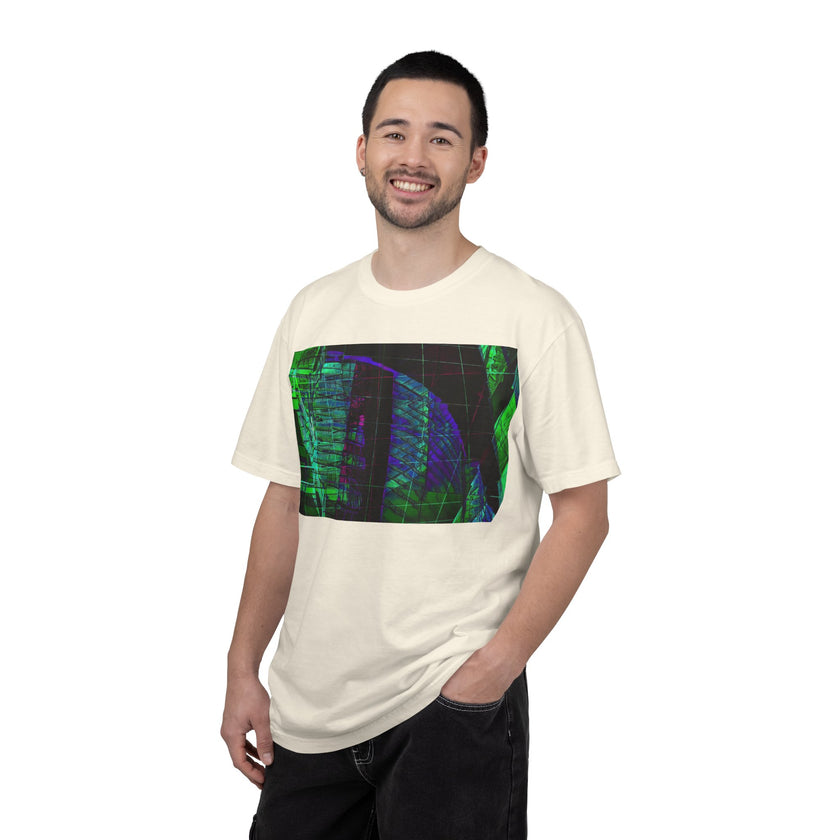 Love Talk By Kevin Quinn -Urban Abstract Architecture Neon Cityscape T-Shirt - Green & Purple Glitch Graphic