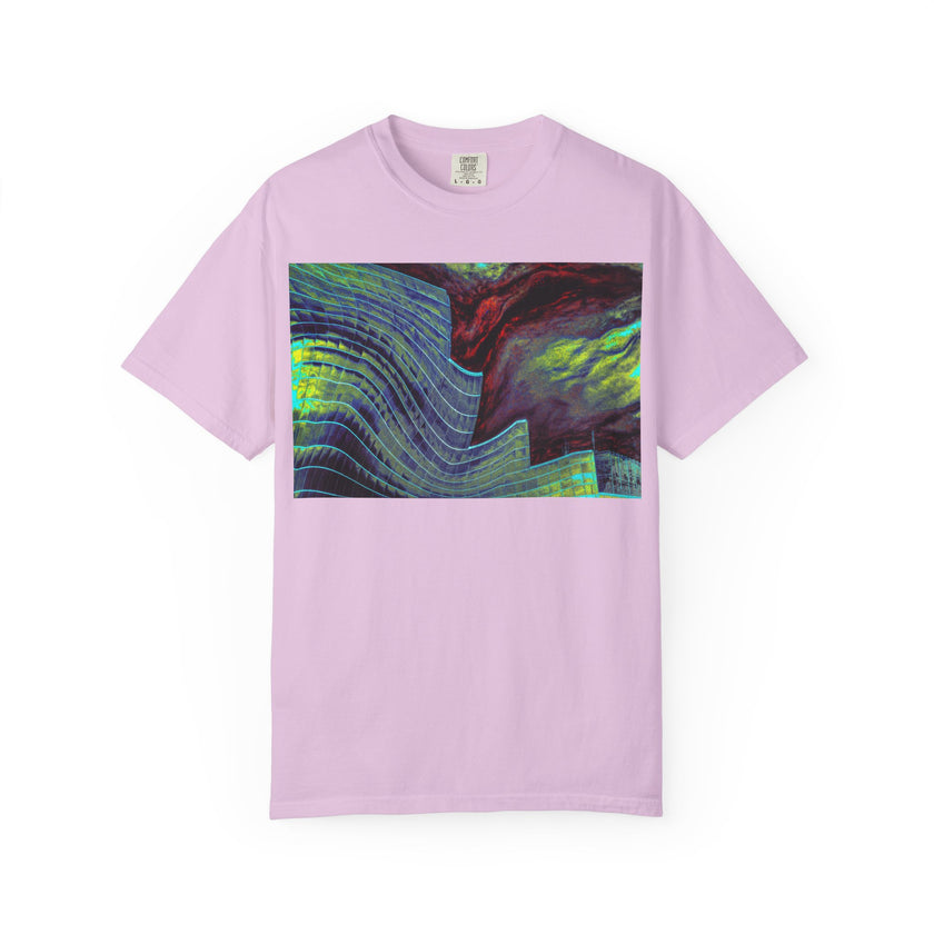 Leaving On A Thursday By Kevin Quinn -Urban Abstract Architecture Wave Art T-Shirt — Neon Ocean Landscape Graphic Tee