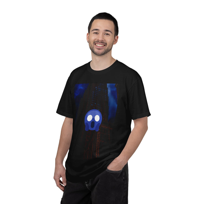 Mr. O  By Kevin Quinn   -Skull Ghost Graphic T-Shirt — Neon Blue Haunted Vibe- Modern Urban Pop Architecture