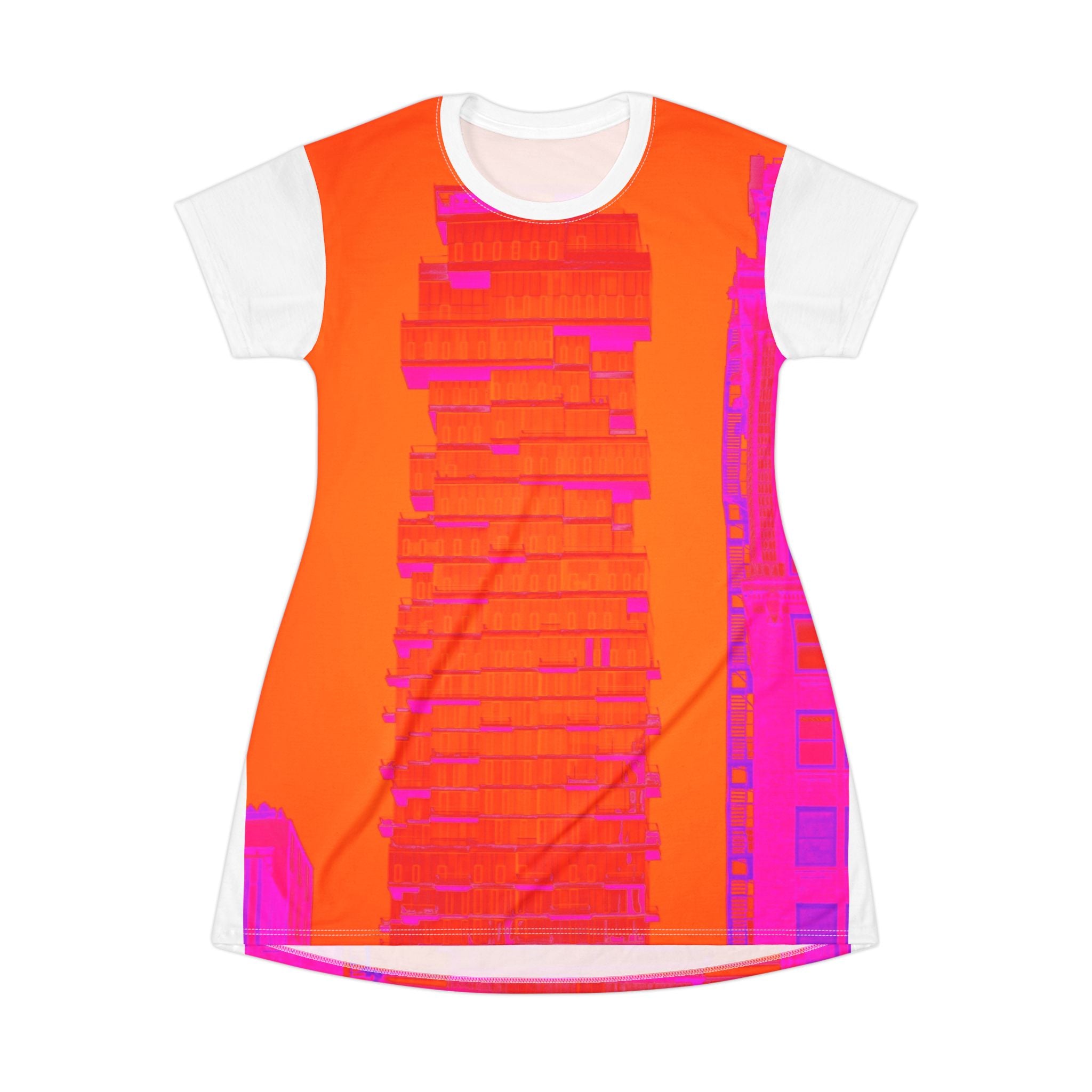 Fashion Show By Kevin Quinn -NYC Neon Abstract Modern Architecture T-Shirt Dress — Bold Orange & Hot Pink Abstract Skyline