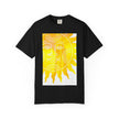 Silky The Sun Kid By Kevin Quinn-Modern Urban Sunface Graphic T-Shirt — Yellow Sun Artwork with QR Code Back