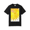 Silky The Sun Kid By Kevin Quinn-Modern Urban Sunface Graphic T-Shirt — Yellow Sun Artwork with QR Code Back