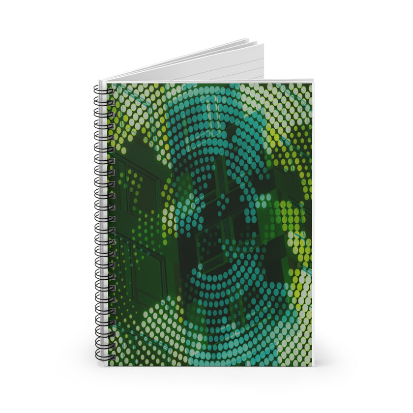 Memories Attract By Kevin Quinn  -Green Tech Spiral Notebook — Abstract Digital Dot Pattern Ruled Journal for Poets
