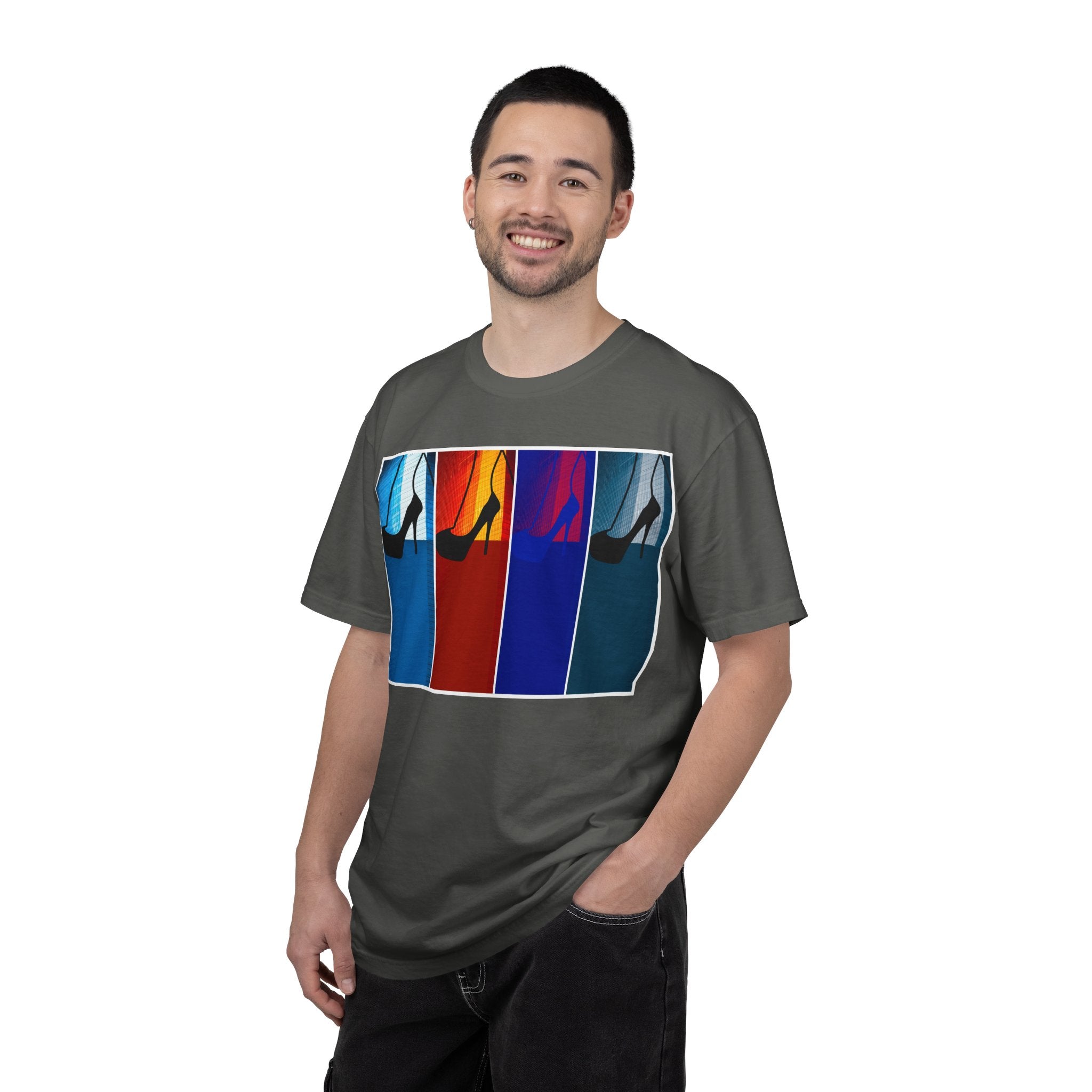 She Knows How To Use Them By Kevin Quinn -Modern Pop Architecture Art Stiletto T‑Shirt — Colorblock High Heel Graphic with QR Code