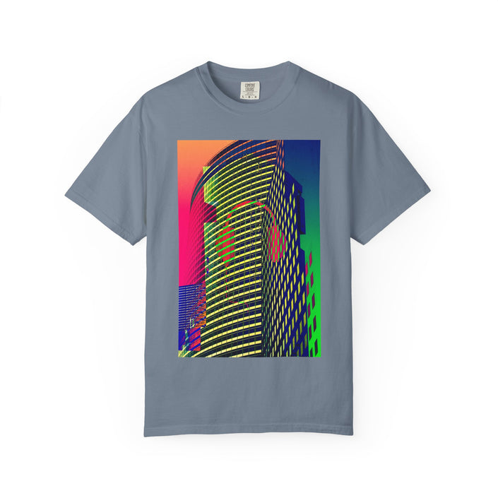 New York Beats By Kevin Quinn -Modern Abstract Architecture Neon Cityscape T-Shirt — Retro Vaporwave Building Print