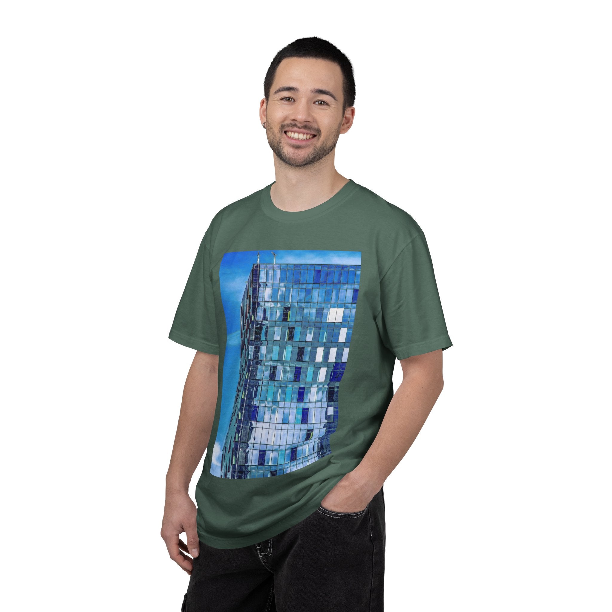 Toy Box By Kevin Quinn -Modern Urban Architecture Glass Facade T-Shirt — Blue Architectural Photo Tee