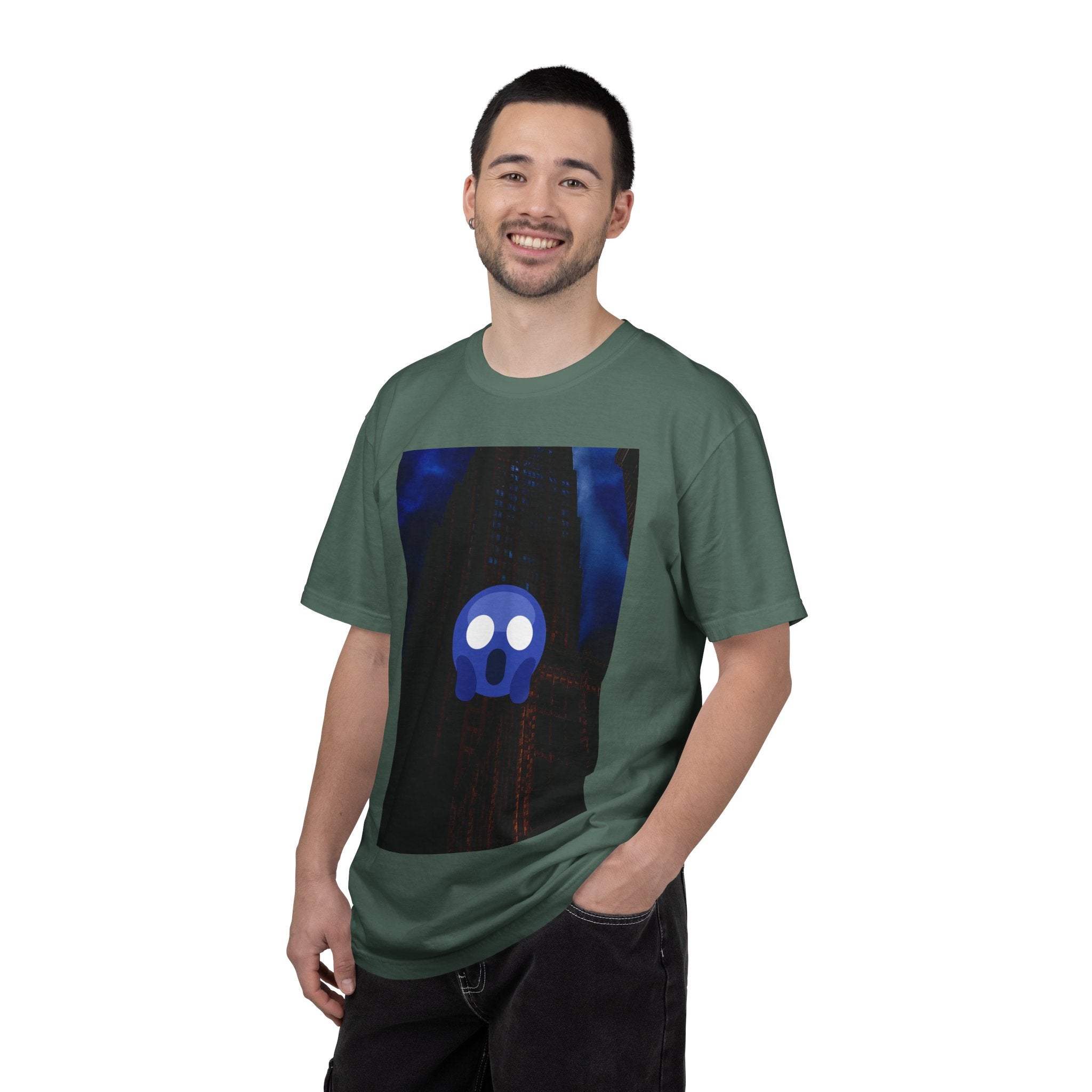 Mr. O  By Kevin Quinn   -Skull Ghost Graphic T-Shirt — Neon Blue Haunted Vibe- Modern Urban Pop Architecture