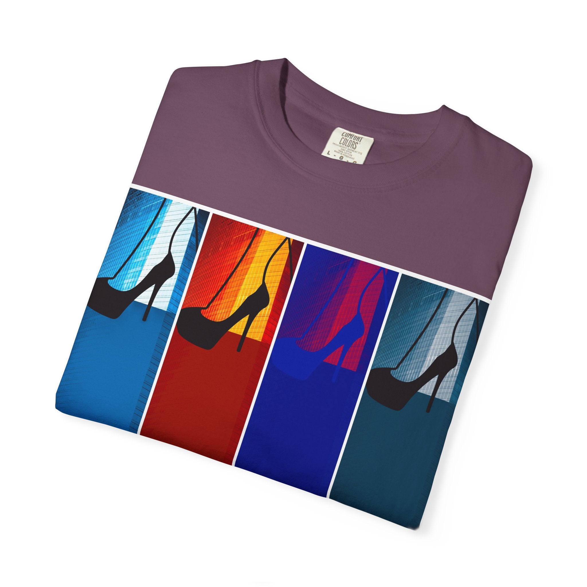 She Knows How To Use Them By Kevin Quinn -Modern Pop Architecture Art Stiletto T‑Shirt — Colorblock High Heel Graphic with QR Code