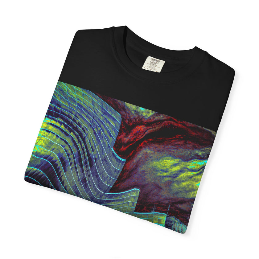 Leaving On A Thursday By Kevin Quinn -Urban Abstract Architecture Wave Art T-Shirt — Neon Ocean Landscape Graphic Tee