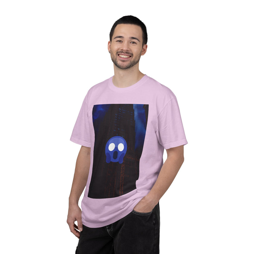 Mr. O  By Kevin Quinn   -Skull Ghost Graphic T-Shirt — Neon Blue Haunted Vibe- Modern Urban Pop Architecture