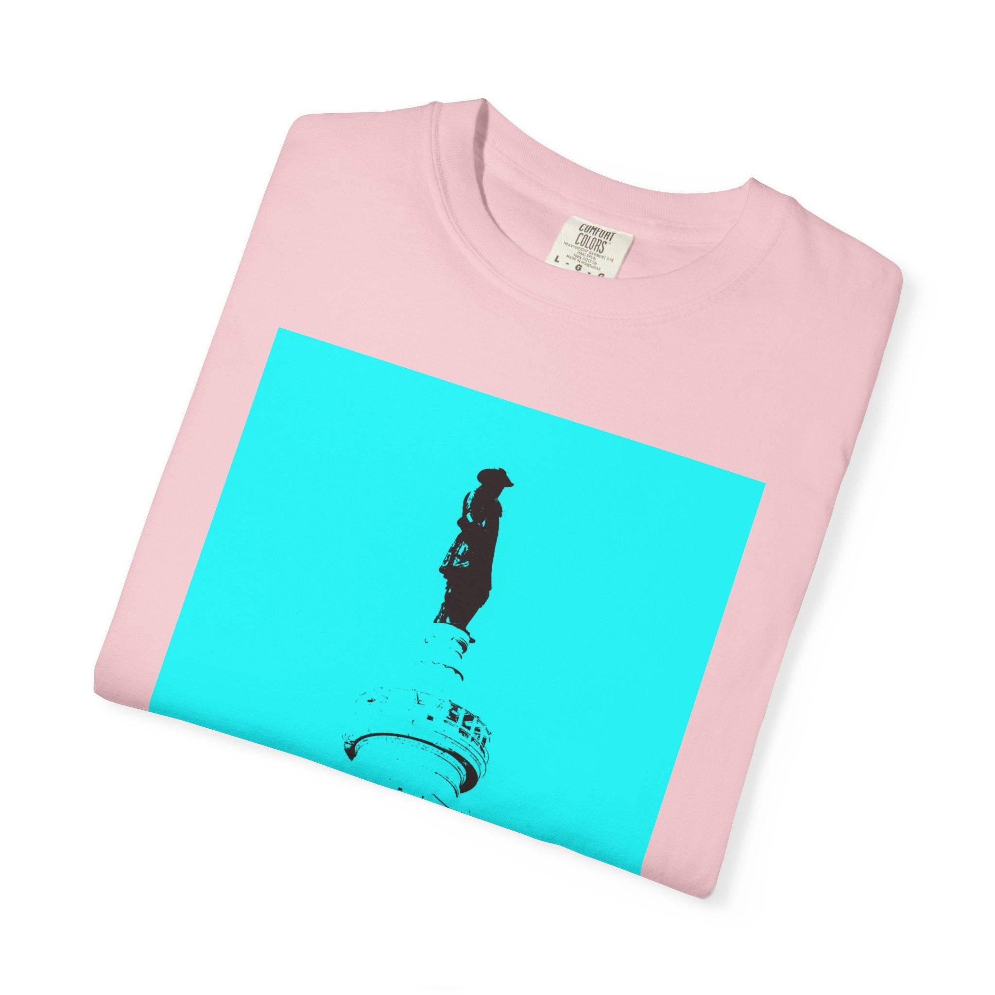 Glamour Boy By Kevin Quinn T-Shirt — Abstract Pop Art Architecture Neon Philly City Monument Graphic with QR Code Back