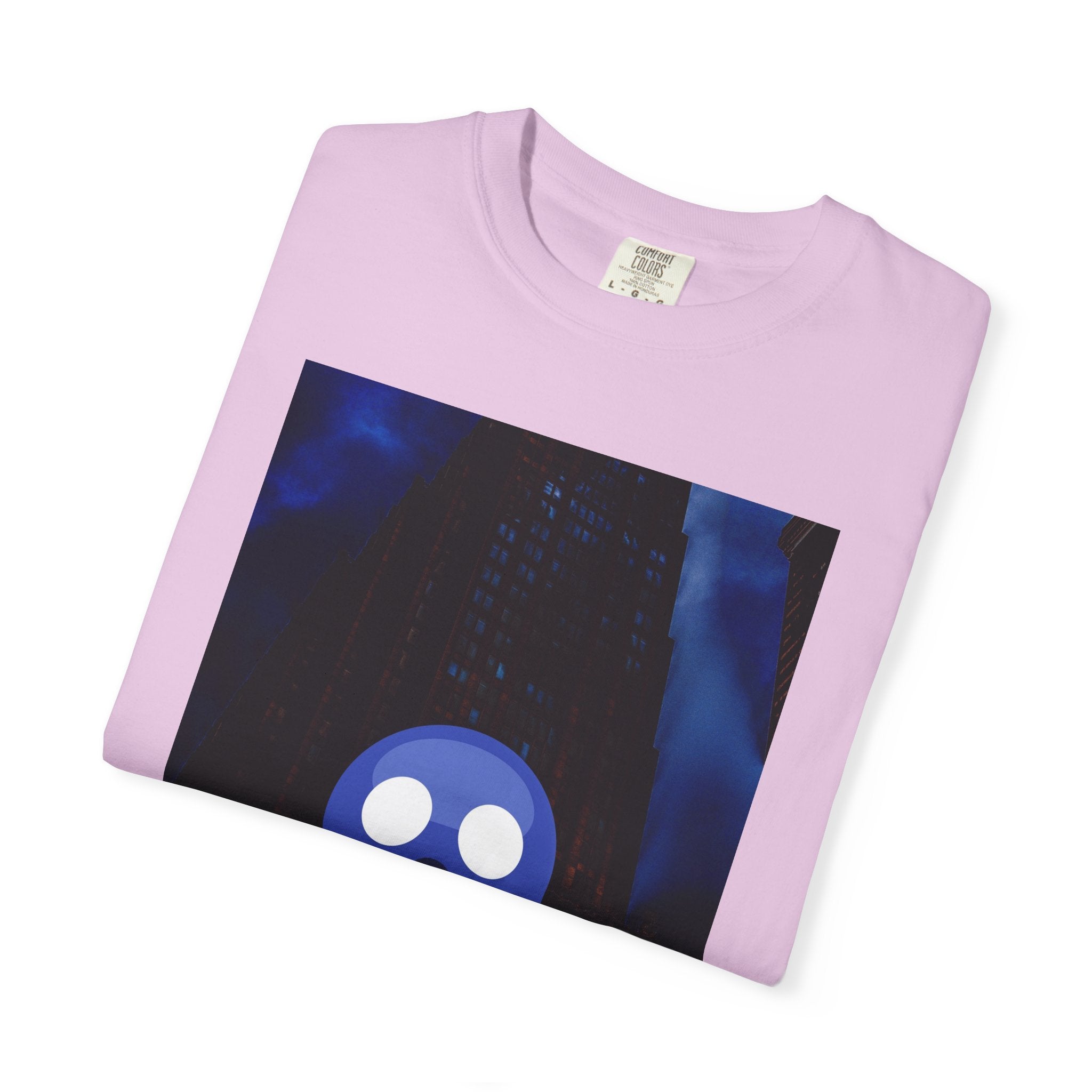Mr. O  By Kevin Quinn   -Skull Ghost Graphic T-Shirt — Neon Blue Haunted Vibe- Modern Urban Pop Architecture