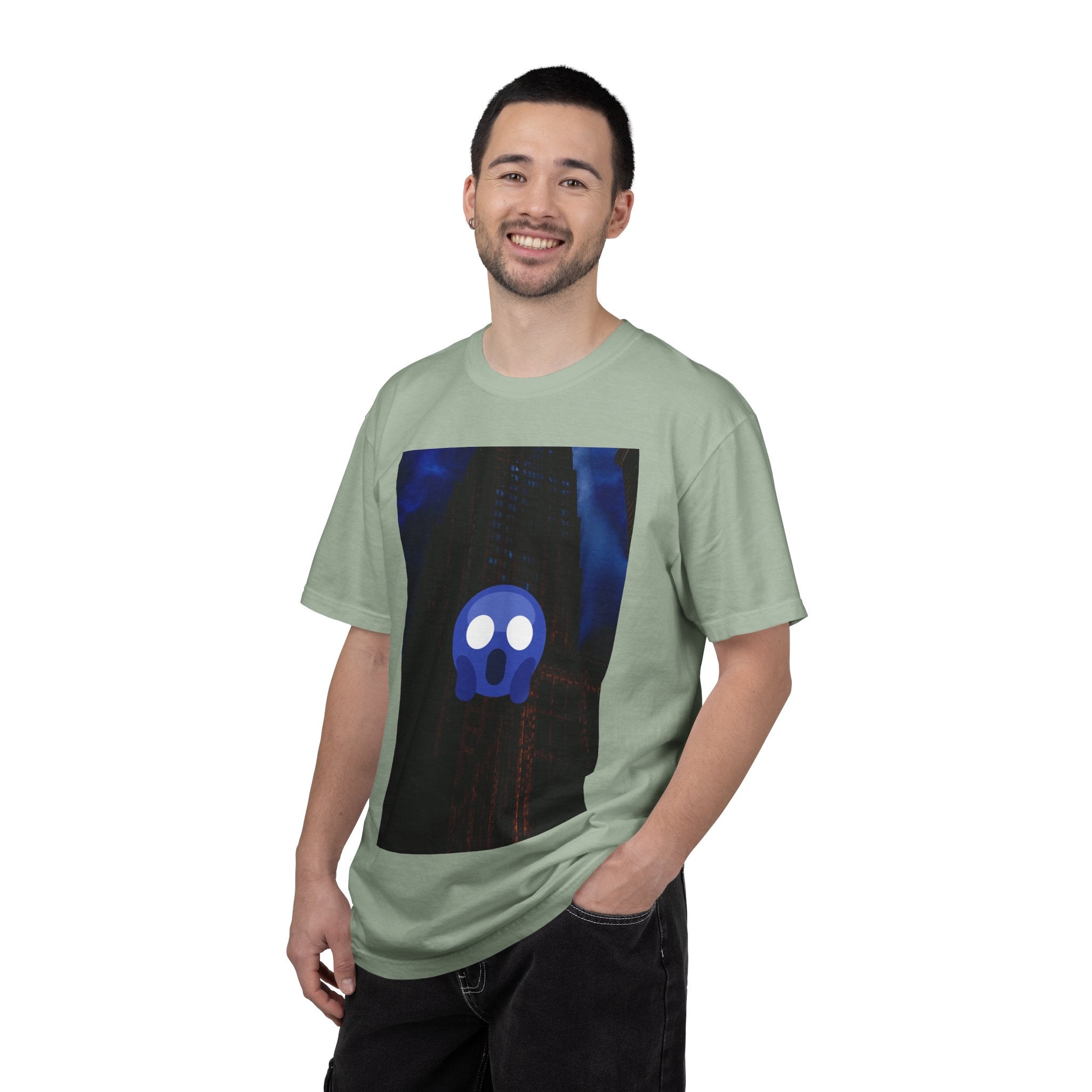 Mr. O  By Kevin Quinn   -Skull Ghost Graphic T-Shirt — Neon Blue Haunted Vibe- Modern Urban Pop Architecture