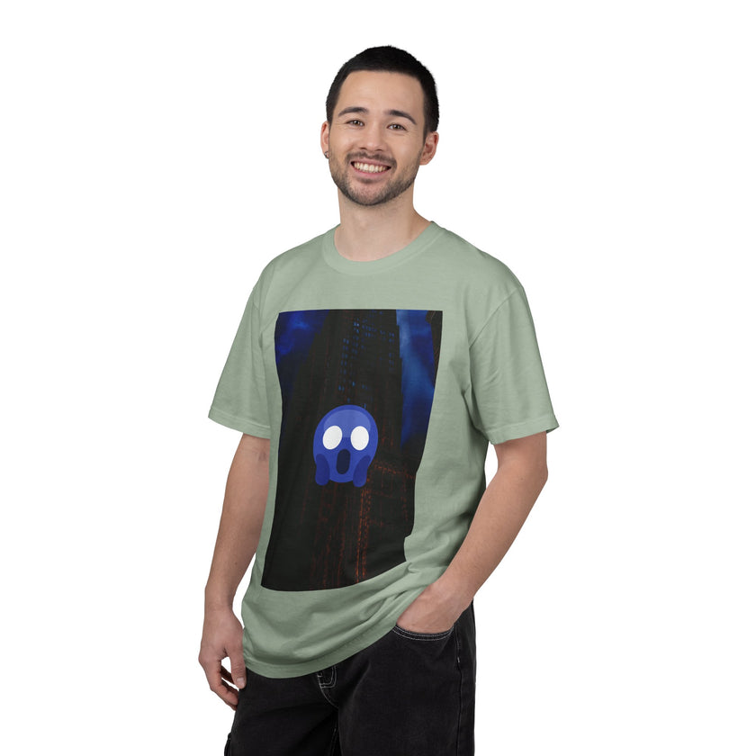 Mr. O  By Kevin Quinn   -Skull Ghost Graphic T-Shirt — Neon Blue Haunted Vibe- Modern Urban Pop Architecture