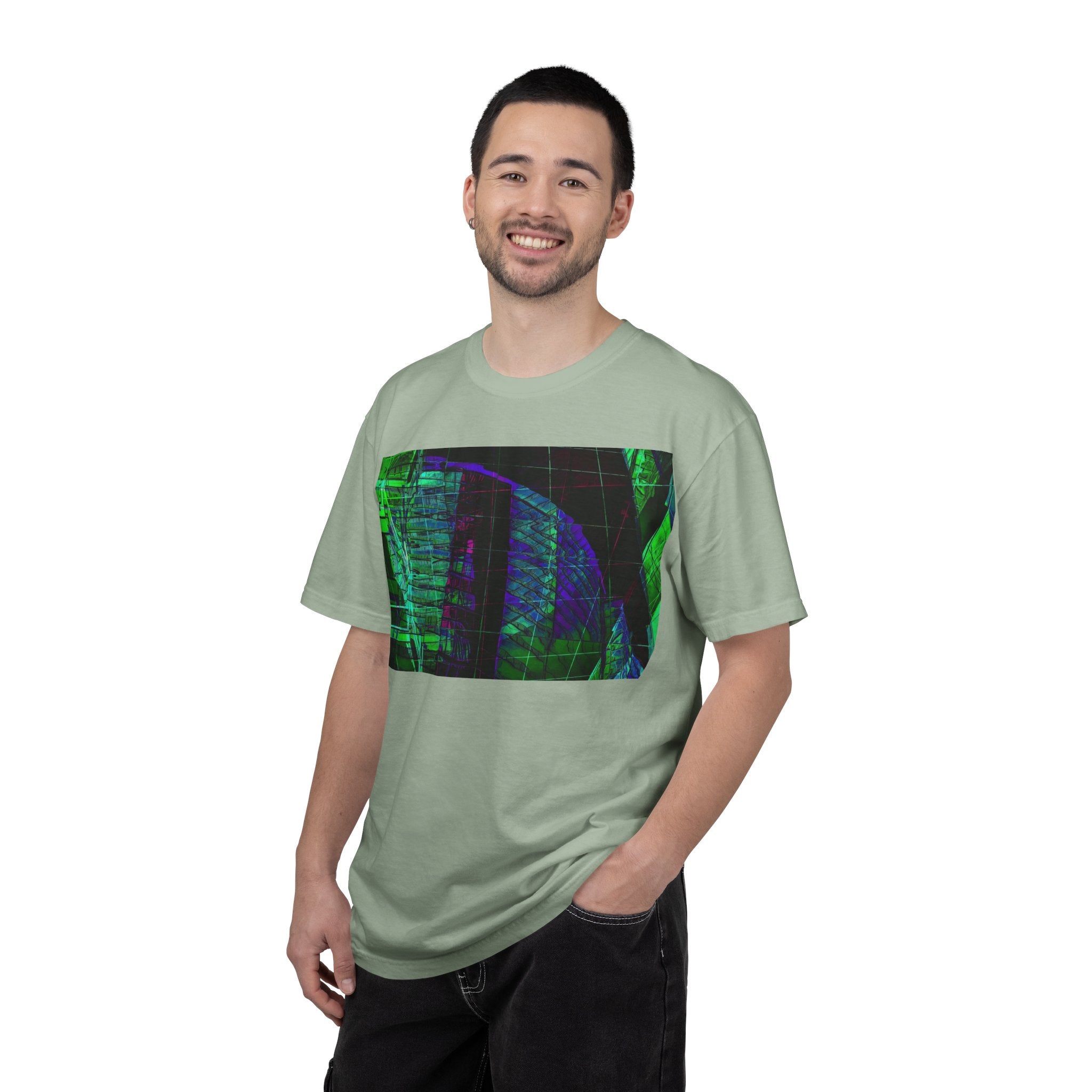 Love Talk By Kevin Quinn -Urban Abstract Architecture Neon Cityscape T-Shirt - Green & Purple Glitch Graphic