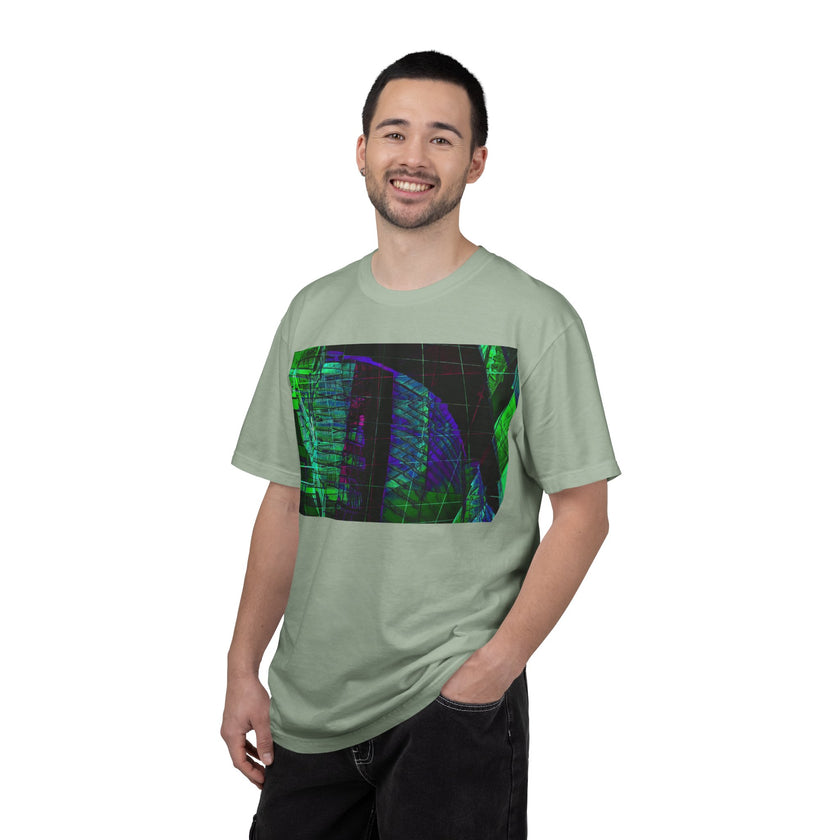 Love Talk By Kevin Quinn -Urban Abstract Architecture Neon Cityscape T-Shirt - Green & Purple Glitch Graphic