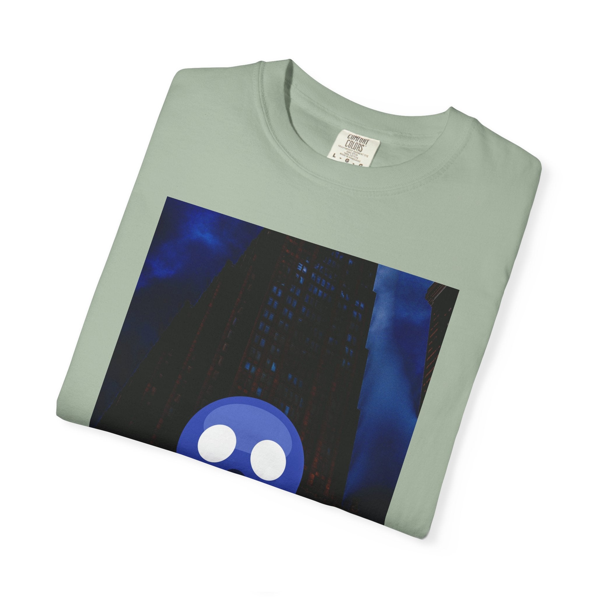 Mr. O  By Kevin Quinn   -Skull Ghost Graphic T-Shirt — Neon Blue Haunted Vibe- Modern Urban Pop Architecture