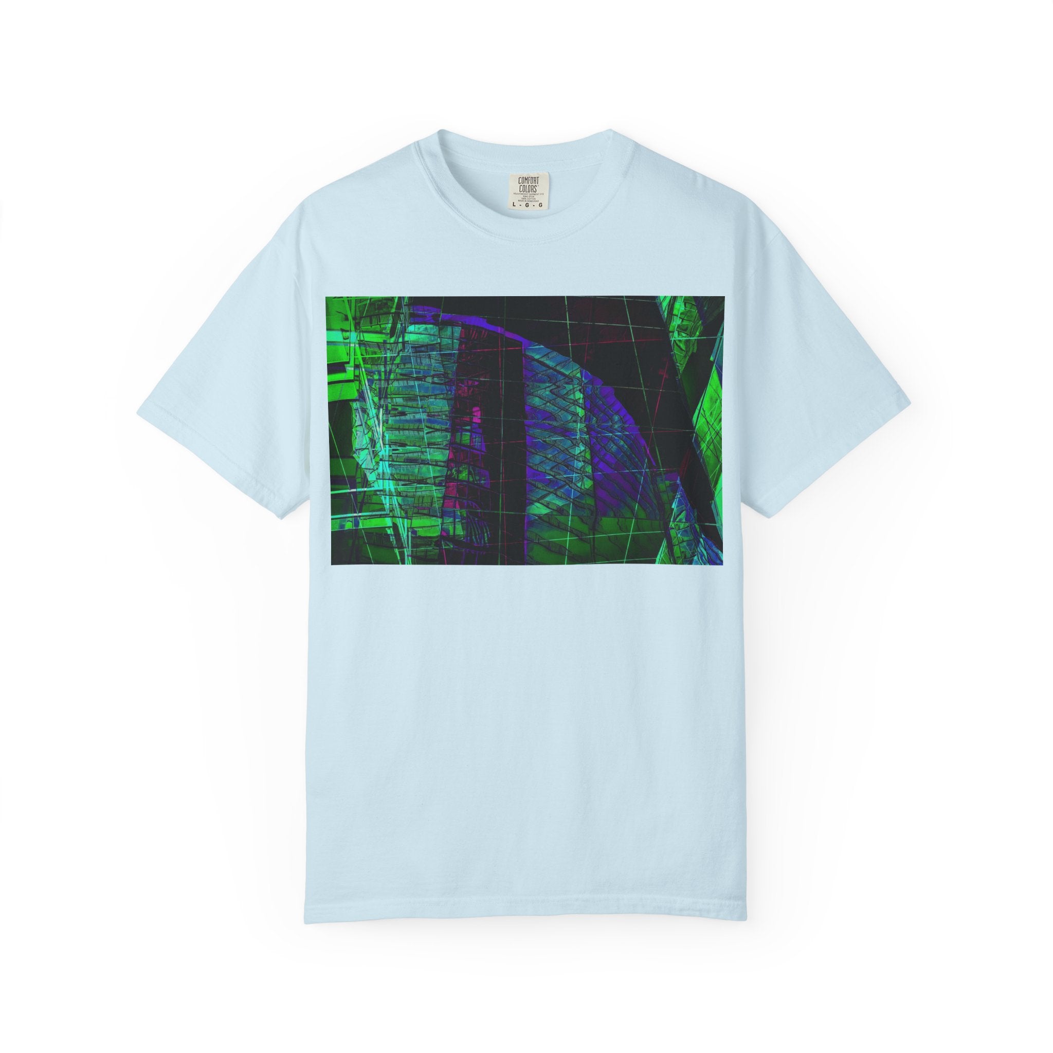 Love Talk By Kevin Quinn -Urban Abstract Architecture Neon Cityscape T-Shirt - Green & Purple Glitch Graphic