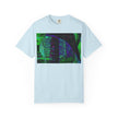 Love Talk By Kevin Quinn -Urban Abstract Architecture Neon Cityscape T-Shirt - Green & Purple Glitch Graphic
