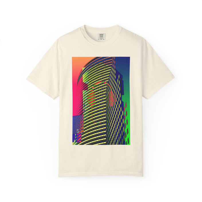 New York Beats By Kevin Quinn -Modern Abstract Architecture Neon Cityscape T-Shirt — Retro Vaporwave Building Print