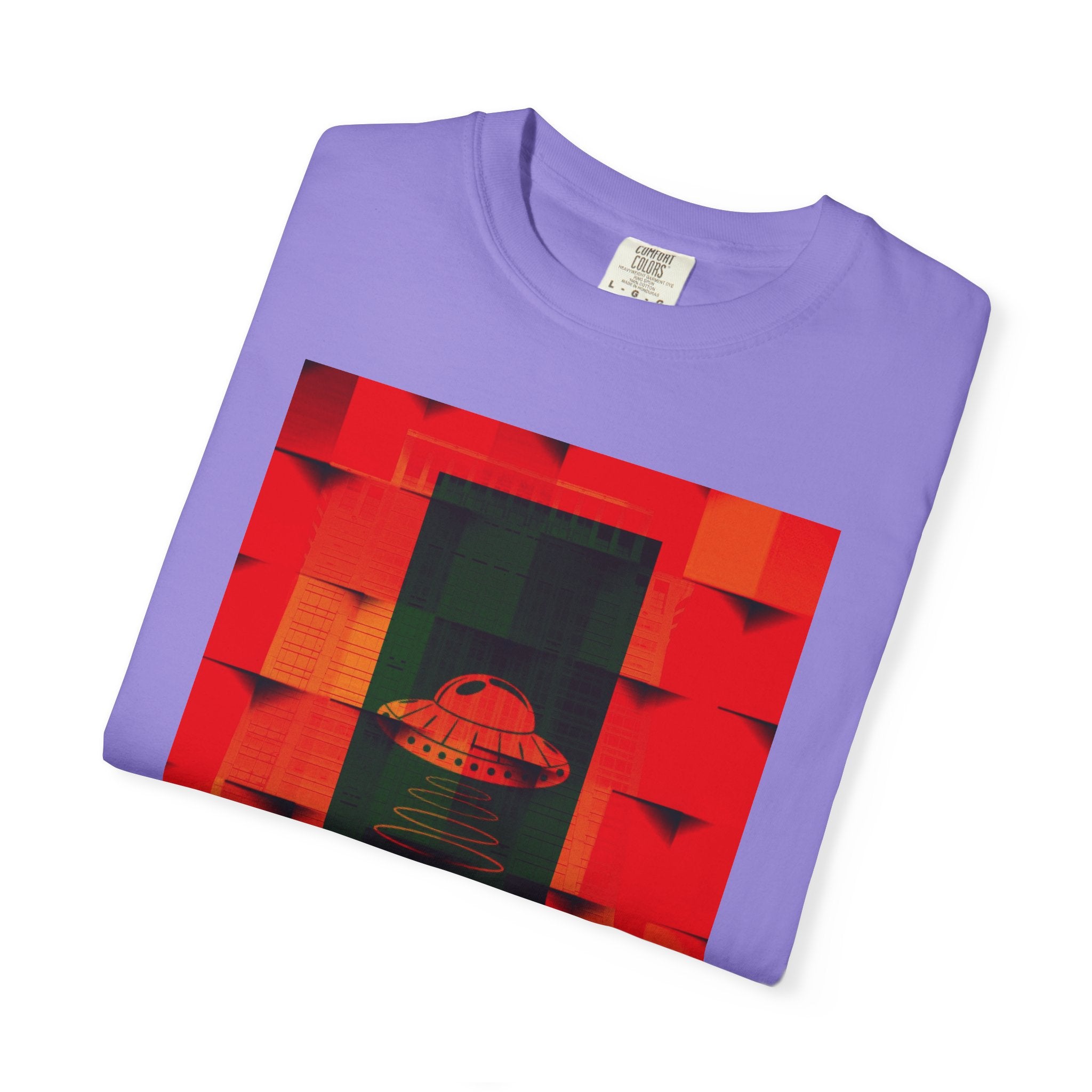 Hotel New Mexico By Kevin Quinn-Modern Abstract Architecture UFO QR Tee — Red Graphic T-Shirt with QR Code Back