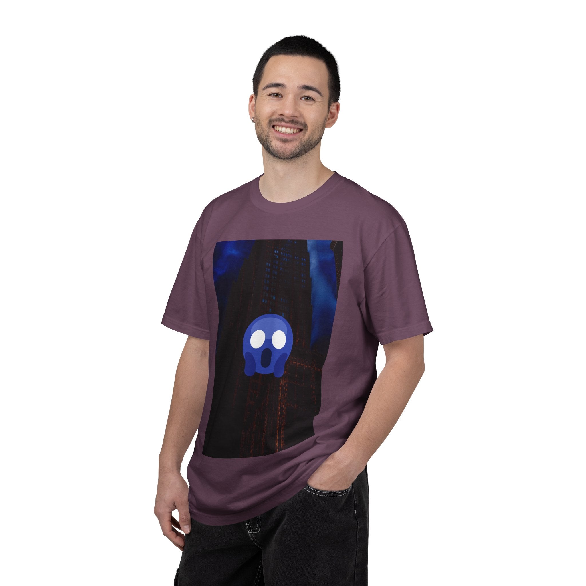 Mr. O  By Kevin Quinn   -Skull Ghost Graphic T-Shirt — Neon Blue Haunted Vibe- Modern Urban Pop Architecture