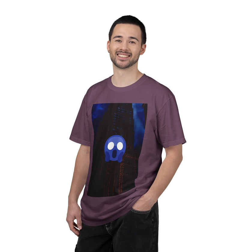 Mr. O  By Kevin Quinn   -Skull Ghost Graphic T-Shirt — Neon Blue Haunted Vibe- Modern Urban Pop Architecture