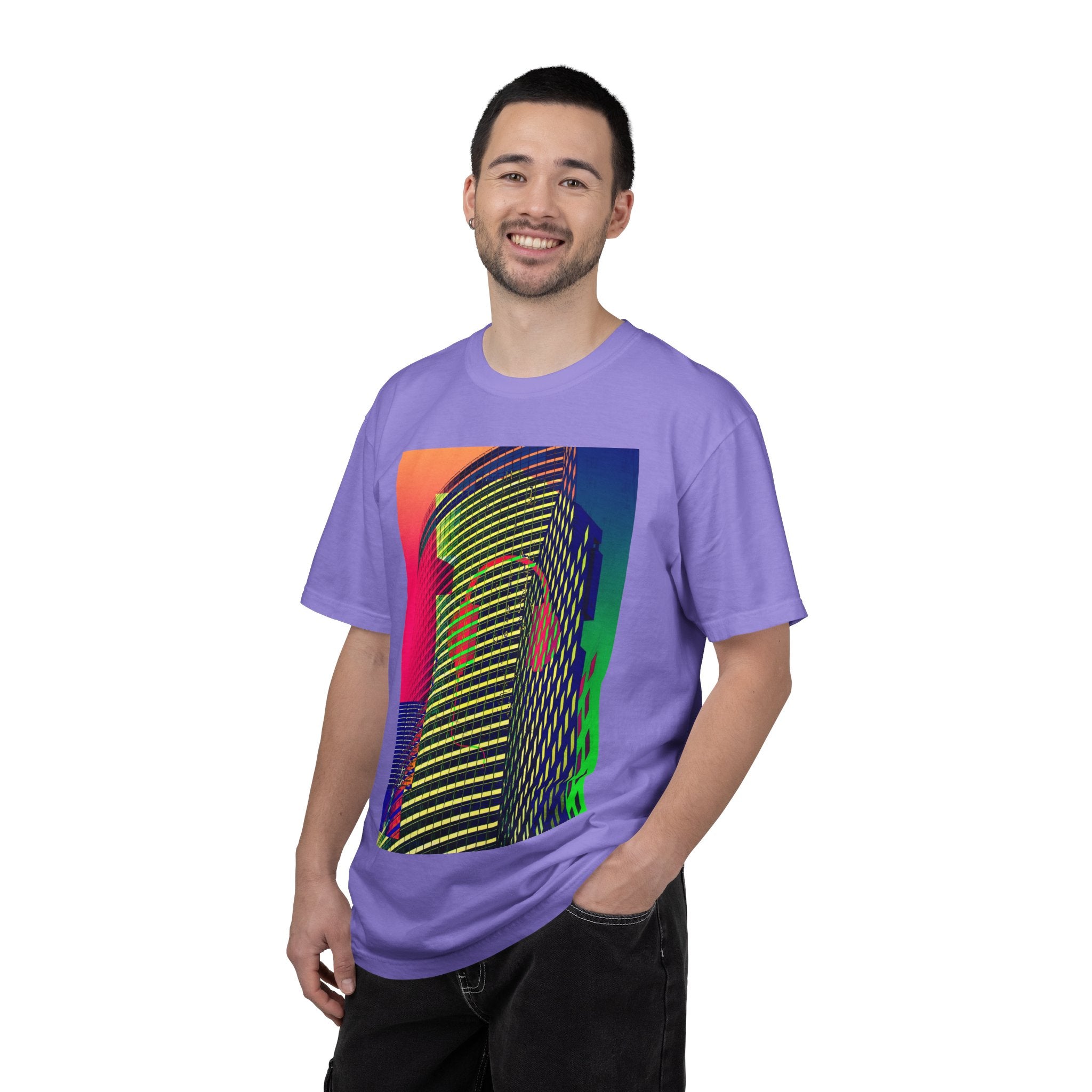 New York Beats By Kevin Quinn -Modern Abstract Architecture Neon Cityscape T-Shirt — Retro Vaporwave Building Print