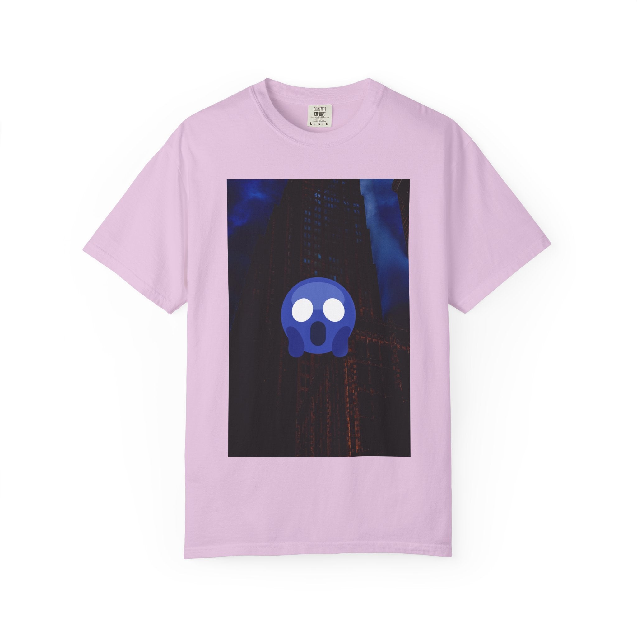 Mr. O  By Kevin Quinn   -Skull Ghost Graphic T-Shirt — Neon Blue Haunted Vibe- Modern Urban Pop Architecture
