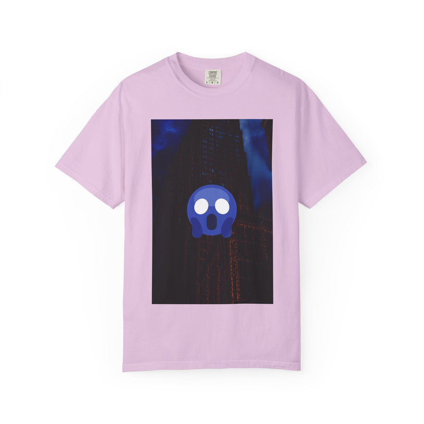 Mr. O  By Kevin Quinn   -Skull Ghost Graphic T-Shirt — Neon Blue Haunted Vibe- Modern Urban Pop Architecture