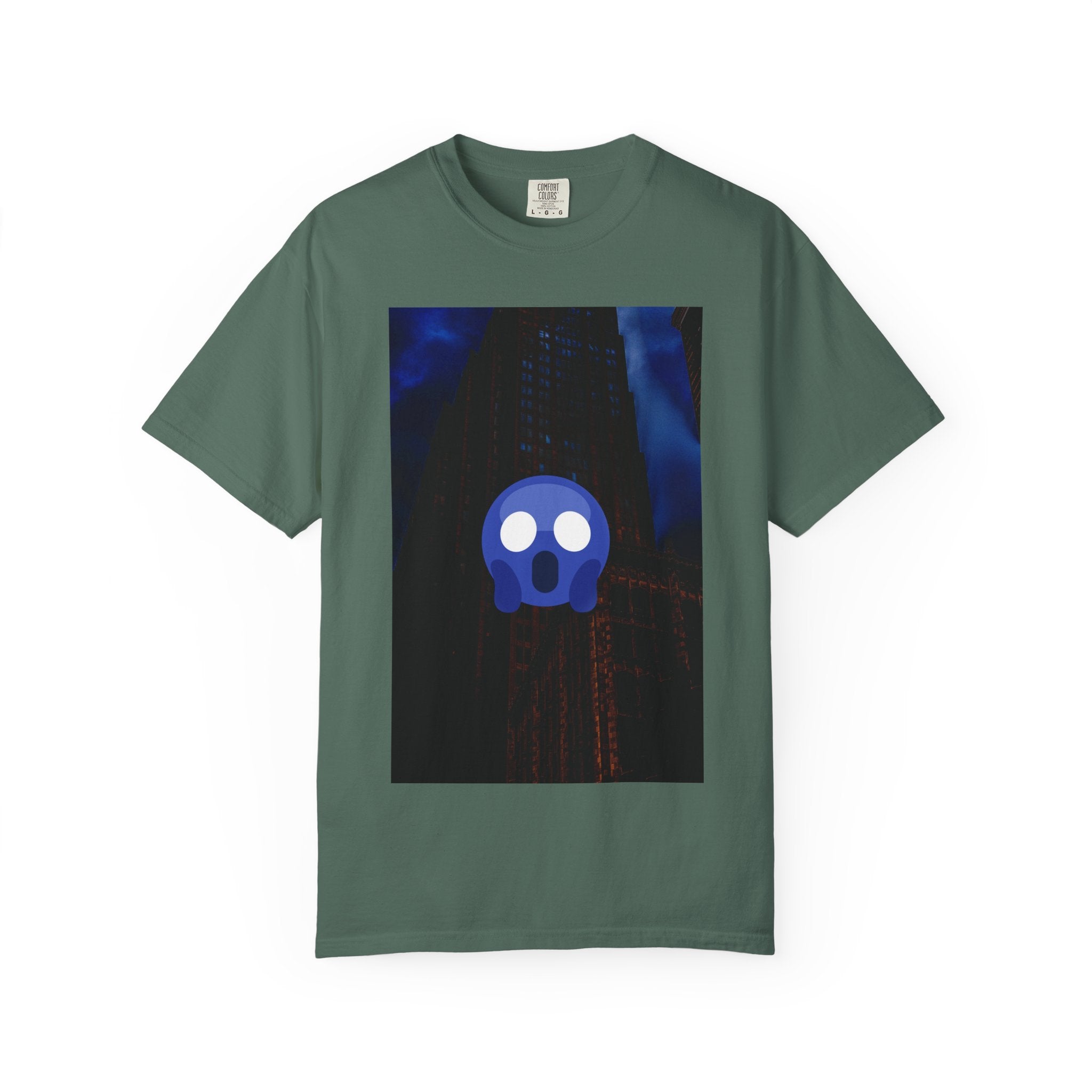 Mr. O  By Kevin Quinn   -Skull Ghost Graphic T-Shirt — Neon Blue Haunted Vibe- Modern Urban Pop Architecture