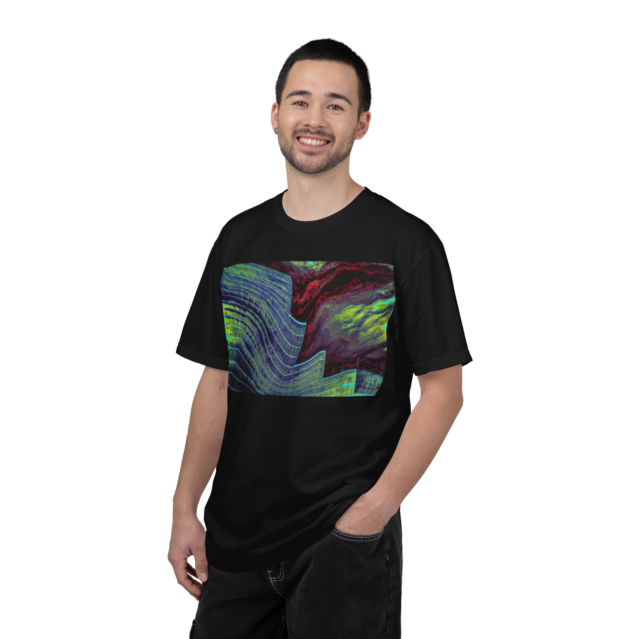 Leaving On A Thursday By Kevin Quinn -Urban Abstract Architecture Wave Art T-Shirt — Neon Ocean Landscape Graphic Tee
