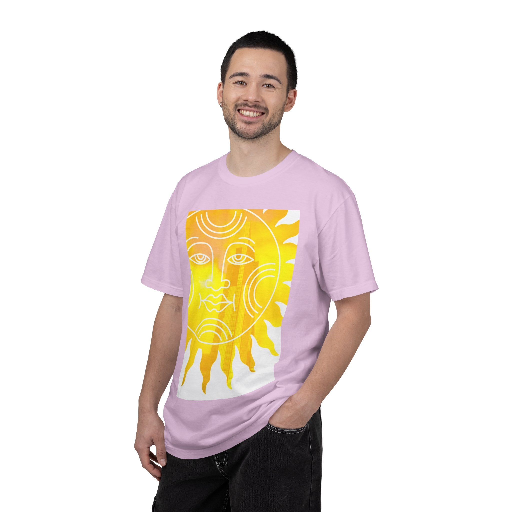 Silky The Sun Kid By Kevin Quinn-Modern Urban Sunface Graphic T-Shirt — Yellow Sun Artwork with QR Code Back