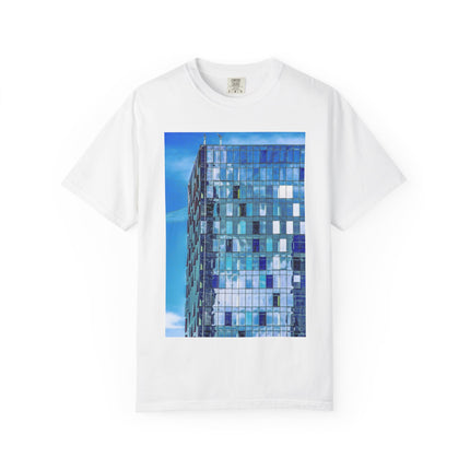 Toy Box By Kevin Quinn -Modern Urban Architecture Glass Facade T-Shirt — Blue Architectural Photo Tee