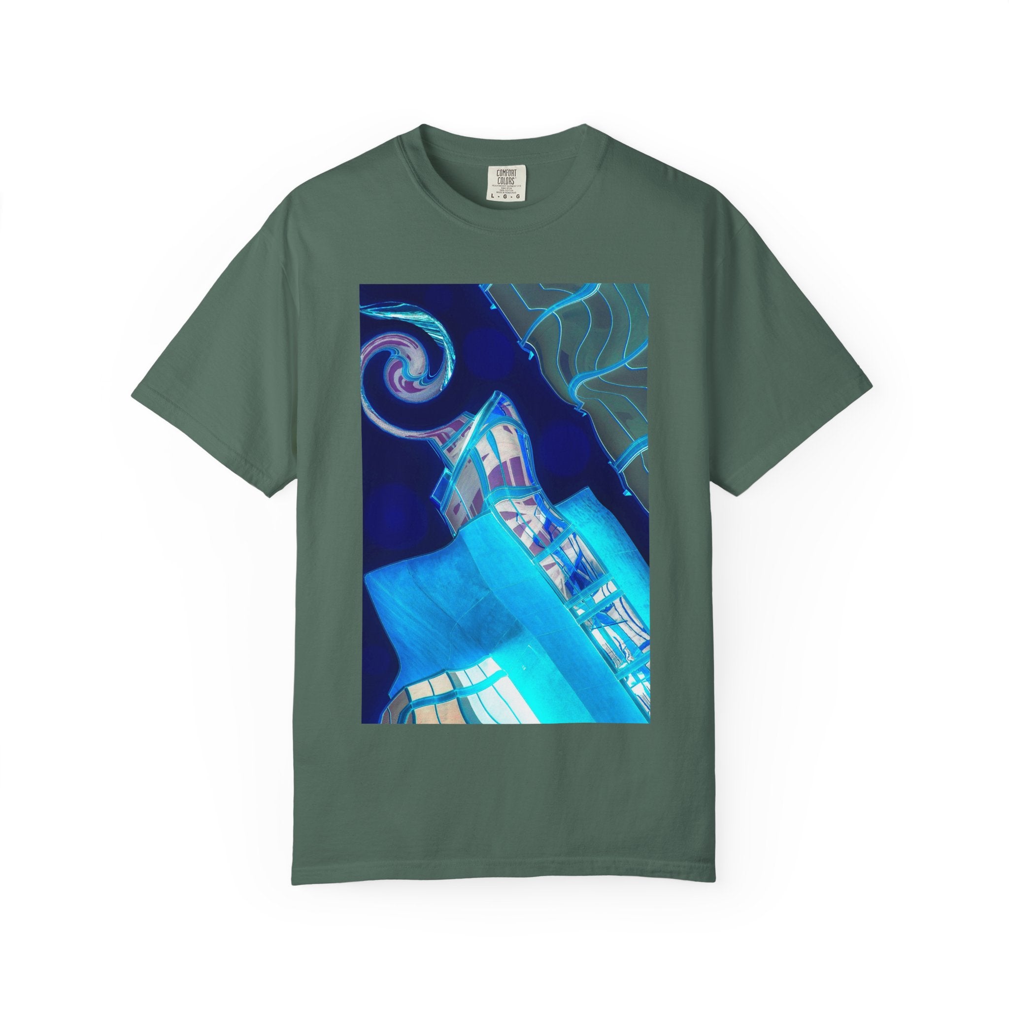 Tiny Dancer By Kevin Quinn   -Urban Modern Abstract Architecture Graphic Tee— Blue Surreal Building Art