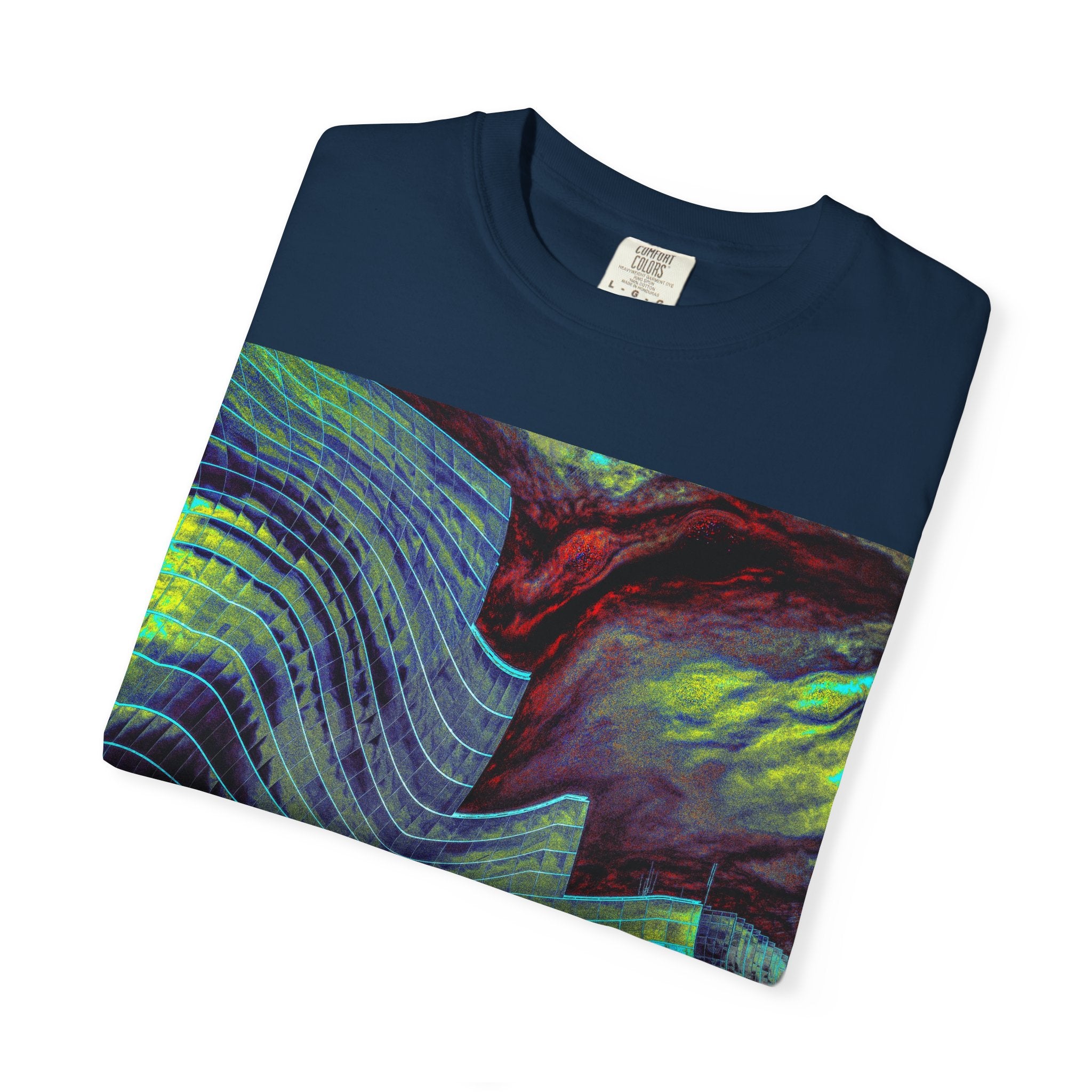 Leaving On A Thursday By Kevin Quinn -Urban Abstract Architecture Wave Art T-Shirt — Neon Ocean Landscape Graphic Tee