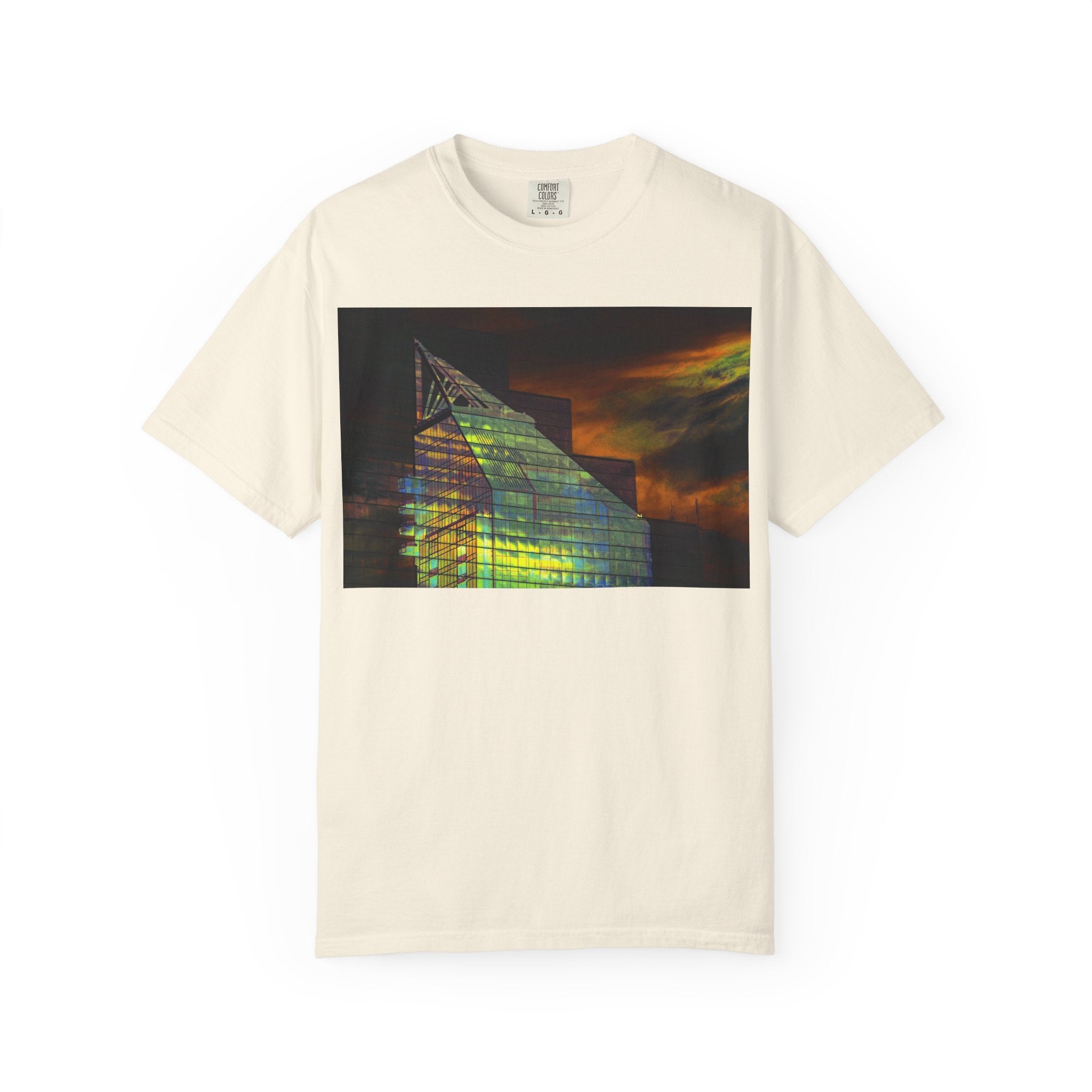 Night Light By Kevin Quinn -Modern Abstract Architectural Nightscape T-Shirt — Glass Building Sunset Photo Tee