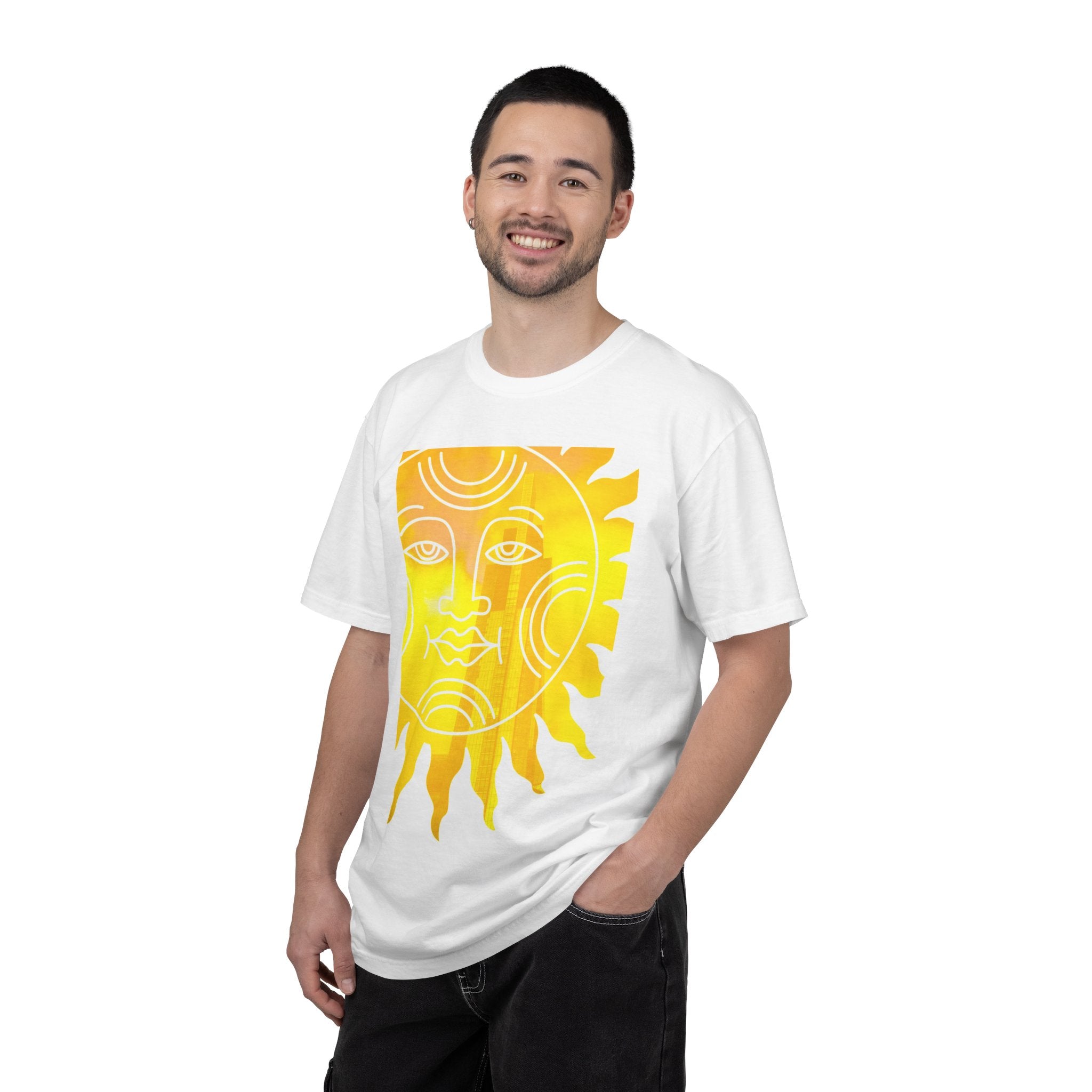 Silky The Sun Kid By Kevin Quinn-Modern Urban Sunface Graphic T-Shirt — Yellow Sun Artwork with QR Code Back